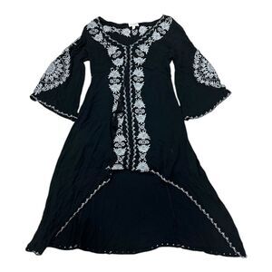 Velzera Black Bohemian Embroidered High Low Lightweight Rayon Dress S
